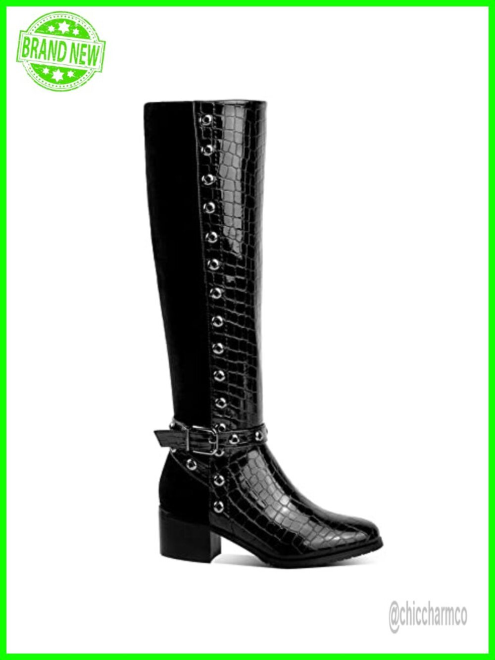 Faux Leather Over-the-Knee Boots Crocodile Print Low Heel
